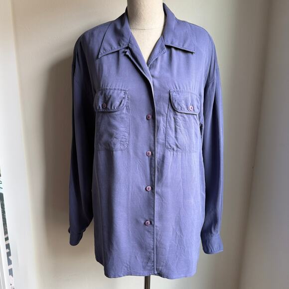 Silk Land 100% Silk Button Front Blouse Purple Blue Vintage 80s 90s Size 8 - Picture 2 of 7